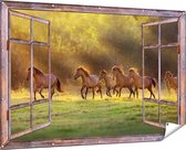 Gards Tuinposter Doorkijk Kudde Bruine Paarden in de Wei - 180x120 cm - Tuindoek - Tuindecoratie - Wanddecoratie buiten - Tuinschilderij