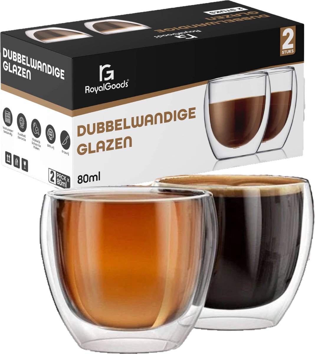 RoyalGoods® Dubbelwandige Glazen – Kleine Koffieglazen - Espressoglazen – 80ML – 2 Stuks – Espresso Glazen