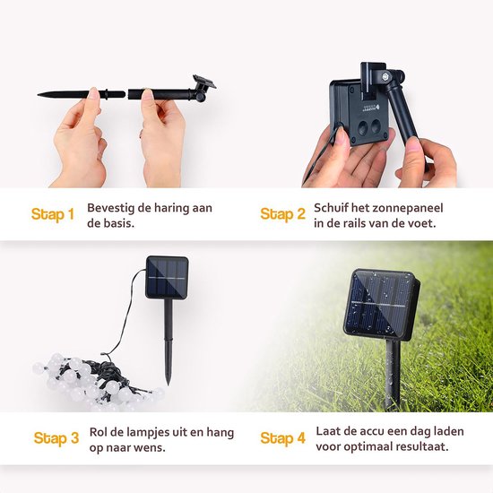 Instructies voor montage van het zonnepaneel voor lichtsnoer: basis, zonnepaneel, lampjes, opladen.