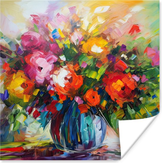 Poster Fleurs - Coloré - Pot de fleurs - Peinture à l'huile - 50x50 cm