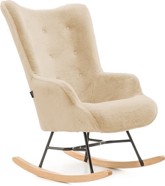 Aemely® Schommelstoel 'Mama' - Beige Imitatiebont, Blank Hout