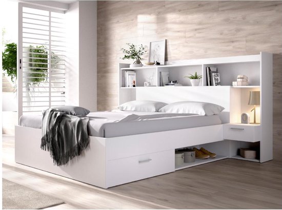 Wiskundig limiet Naar behoren Bed met ingebouwde opbergruimte en nachtkastjes - 140 x 190 cm - Wit -  KEVIN L 239 cm... | bol.com