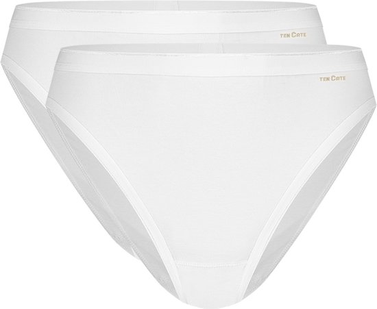 Twee witte slips met hoge taille en een Ten Cate logo.