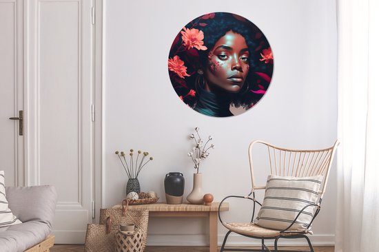 WallCircle - Wandcirkel - Muurcirkel - Bloemen - Vrouw - Portret - Illustratie - Aluminium - Dibond - ⌀ 90 cm - Binnen en Buiten