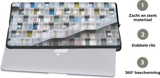 Laptophoes 17 inch - Deuren - Appartementen - Trappen - Kleurrijk - Laptop sleeve - Binnenmaat 41x28 cm - Zwarte achterkant
