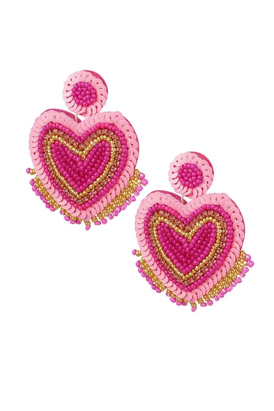 Ibiza heart pink oorbellen - 18k gold plated - fanciy.nl - goud - waterproof - nikkel vrij - beaded - kralen - ibiza - zomer - statement - hearts - heart - hart - hartje - wit - party - earrings - oorbellen - bohemian - roze - pink - licht roze
