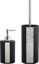 MSV Badkamer accessoires set Luanda - zwart/zilver glitter - zeeppompje/wc-borstel