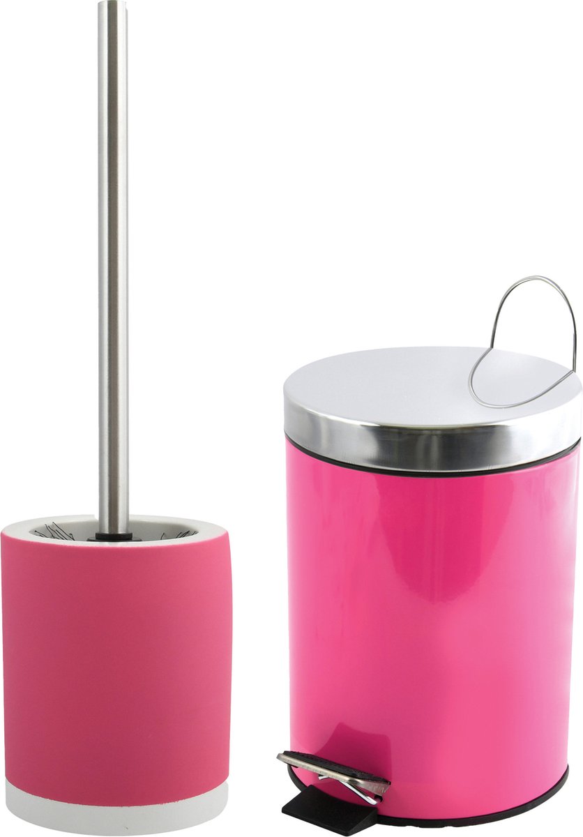 MSV Badkamer accessoires set - fuchsia roze - pedaalemmer 3L en wc/toilet-borstel