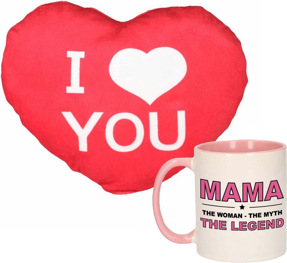 Mama the legend - mok/beker - 300 ml - roze - incl. sierkussentje hart vorm - 15 cm