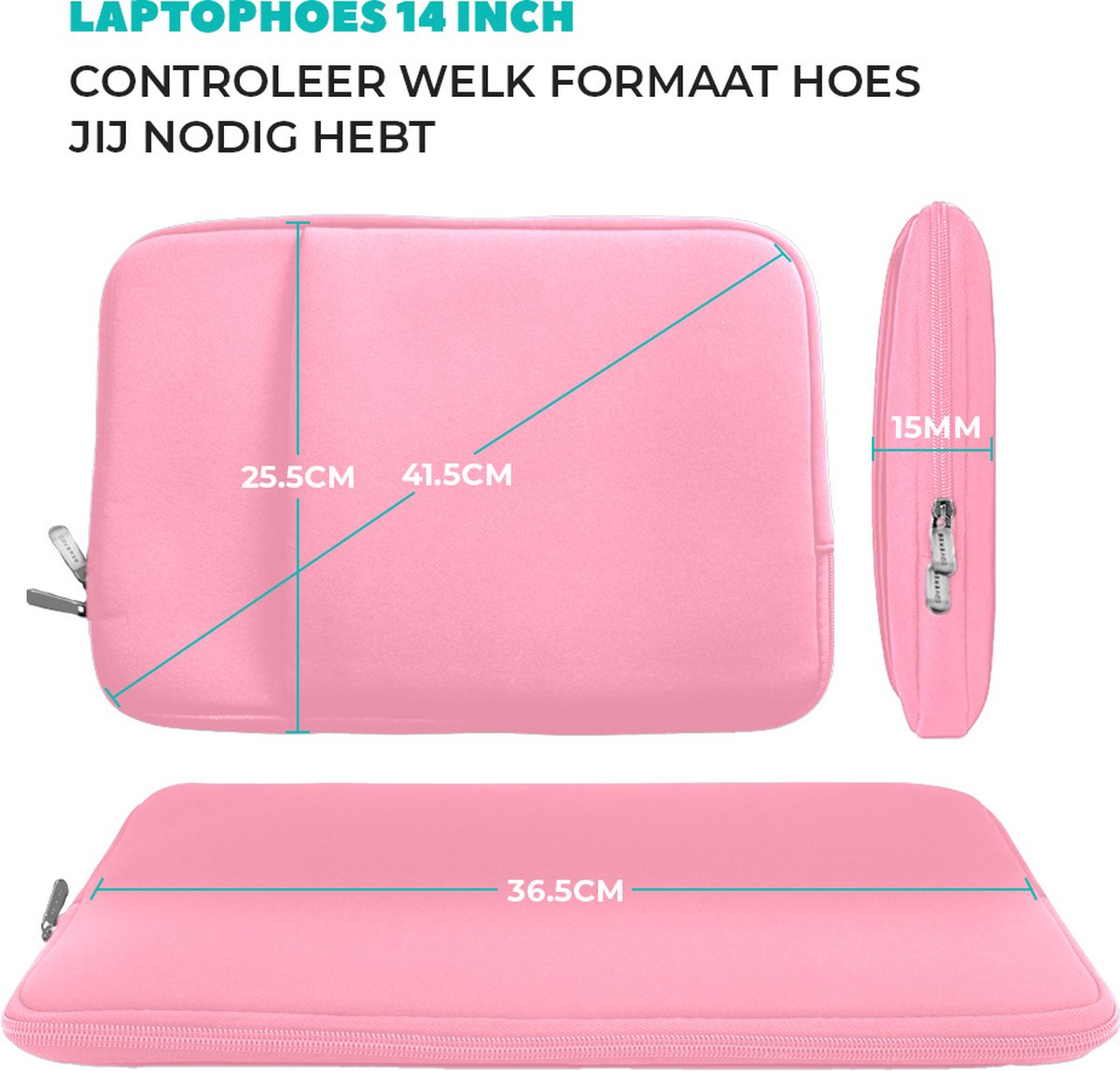 Laptophoes 14-15,6 inch roze waterafstotend lichtgewicht krasbestendig soft velvet binnenkant met rits - Afbeelding 3