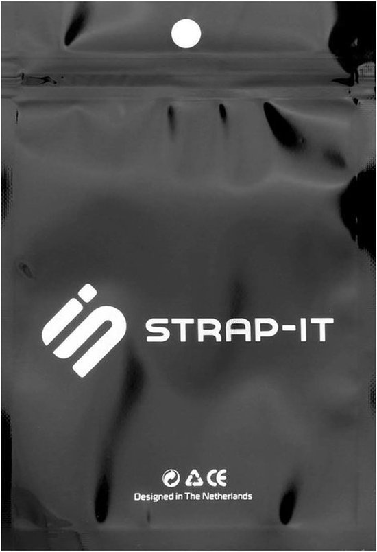 Zwarte verpakking van Strap-it met logo en tekst 'Designed in The Netherlands'.