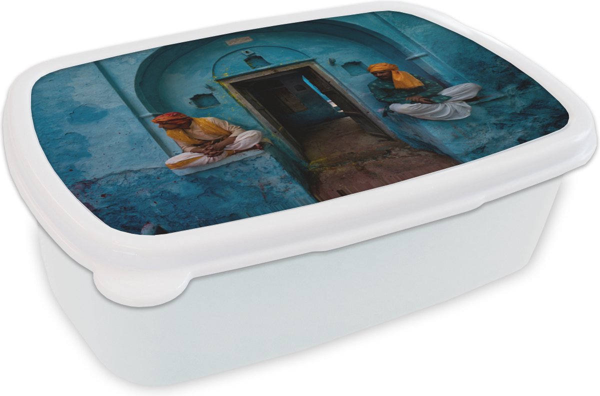 Broodtrommel Wit - Lunchbox - Brooddoos - Deur - Man - Blauw - Architectuur - 18x12x6 cm - Volwassenen
