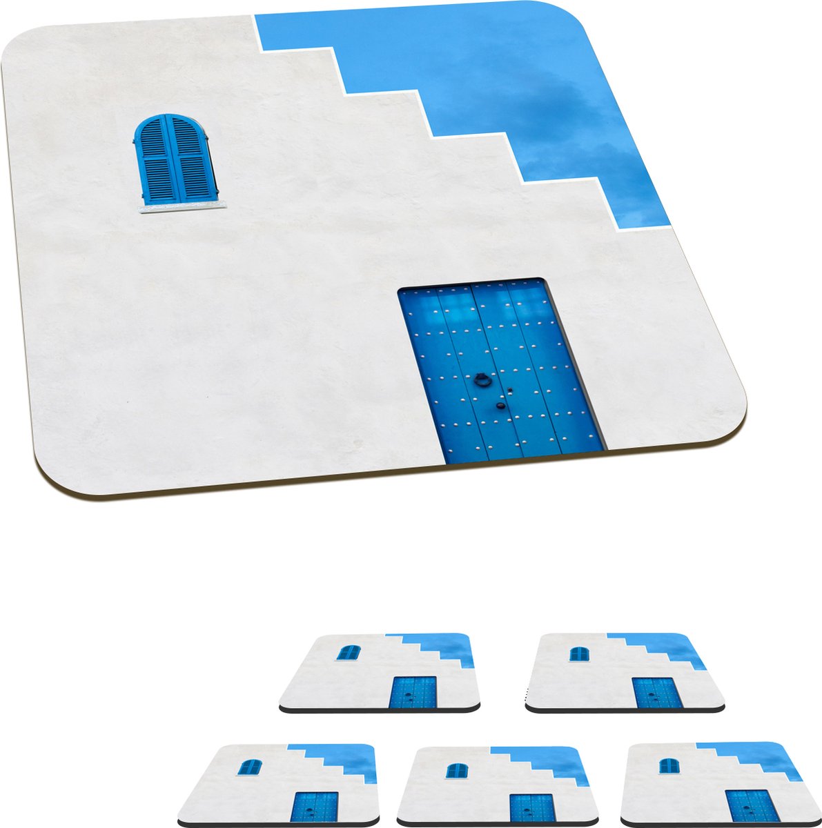 Onderzetters voor glazen - Huis - Blauw - Wit - Deur - 10x10 cm - Glasonderzetters - 6 stuks