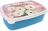 Broodtrommel Blauw - Lunchbox - Brooddoos - Bloemen - Vaas - Planten - Wit - 18x12x6 cm - Kinderen - Jongen