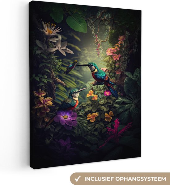 Toile Peinture Fleurs - Vogel - Jungle - Plantes - 90x120 cm - Décoration murale