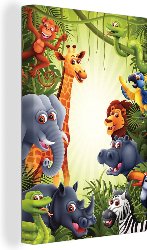 Canvas Schilderij Jungle - Jongens - Meiden - Baby - Olifant - Leeuw - Giraf - 20x30 cm - Wanddecoratie