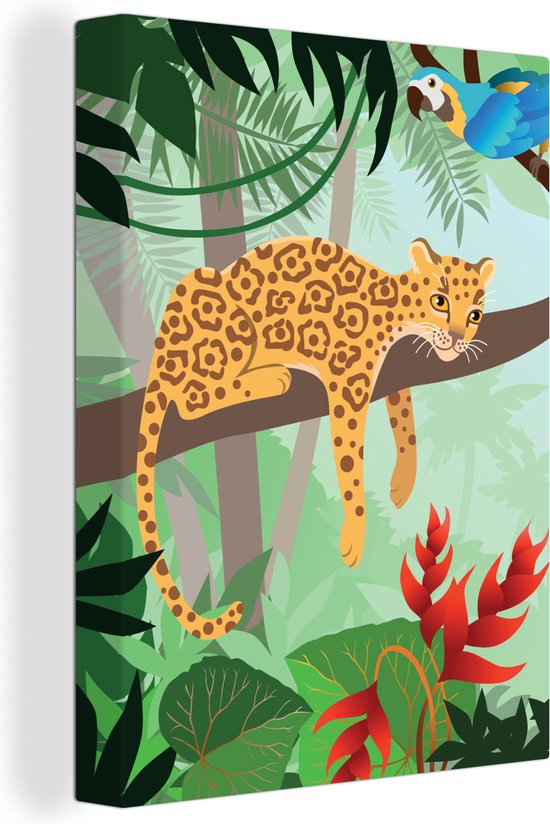 Canvas Schilderij Jungle dieren - Toekan - Jongens - Meiden - Luipaard - 60x80 cm - Wanddecoratie