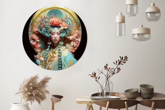 WallCircle - Cercle mural - Cercle mural - Femme - Fleurs - Rose - Portrait - Asiatique - Aluminium - Dibond - 120x120 cm - Intérieur et Extérieur XXL