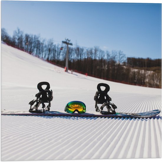 Vlag - Snowboard met Bril op Perfect Wintersport Landschap - 50x50 cm Foto op Polyester Vlag