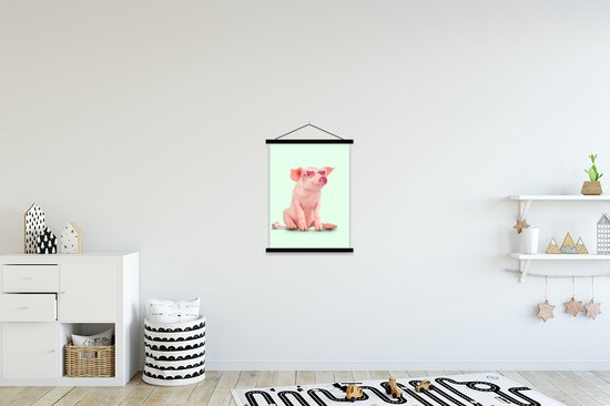 Porte-affiche avec affiche 90x120 cm - Affiche scolaire - Cochon - Rose - Lunettes - Prise - Animaux - Affiche textile - Lattes noires