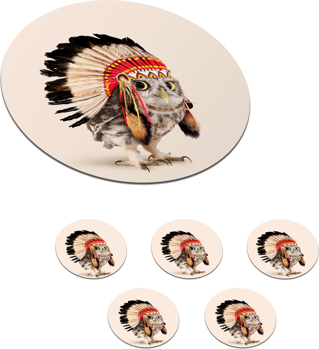 Onderzetters voor glazen - Rond - Dier - Uil - Indiaan - Vogel - 10x10 cm - Glasonderzetters - 6 stuks