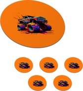 Onderzetters voor glazen - Rond - Monstertruck - Neon - Verf - Oranje - 10x10 cm - Glasonderzetters - 6 stuks