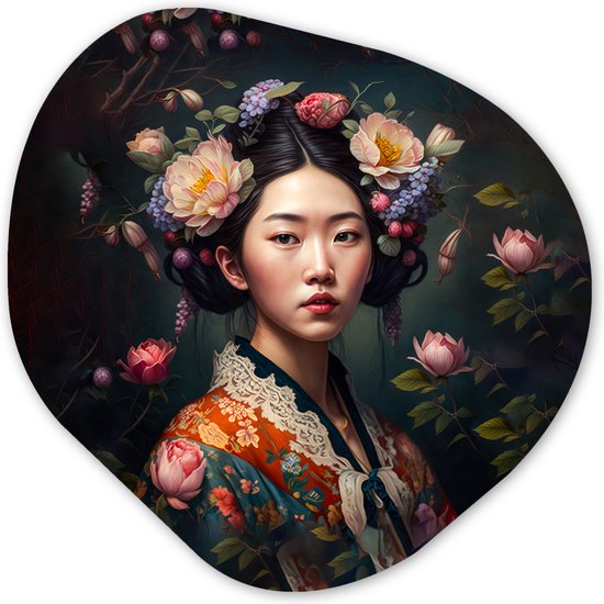 Organische Wanddecoratie - Kunststof Muurdecoratie- Organisch Schilderij - Vrouw - Bloemen - Kimono - Portret - Asian- 40x40 cm - Asymmetrische spiegel vorm op kunststof