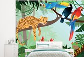 Behang babykamer - Fotobehang Jungle dieren - Toekan - Jongens - Meiden - Luipaard - Breedte 325 cm x hoogte 260 cm