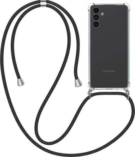 Doorzichtig Samsung A13 telefoonhoesje met achterkant en zwart koord.