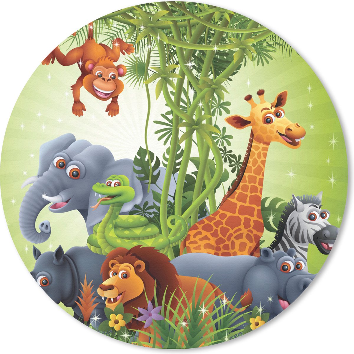 Muismat rond 50x50 cm - Mousepad Jungle dieren - Planten - Kinderen - Olifant - Giraf - Leeuw - Ronde muismatten