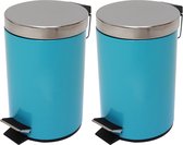 MSV Prullenbak/ poubelle à pédale - 2x - métal - bleu turquoise - 5 litres - 20 x 28 cm - Salle de bain / WC