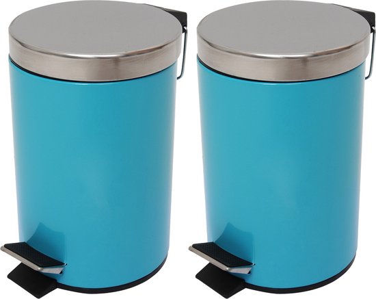 MSV Prullenbak/pedaalemmer - 2x - metaal - turquoise blauw - 5 liter - 20 x 28 cm - Badkamer/toilet