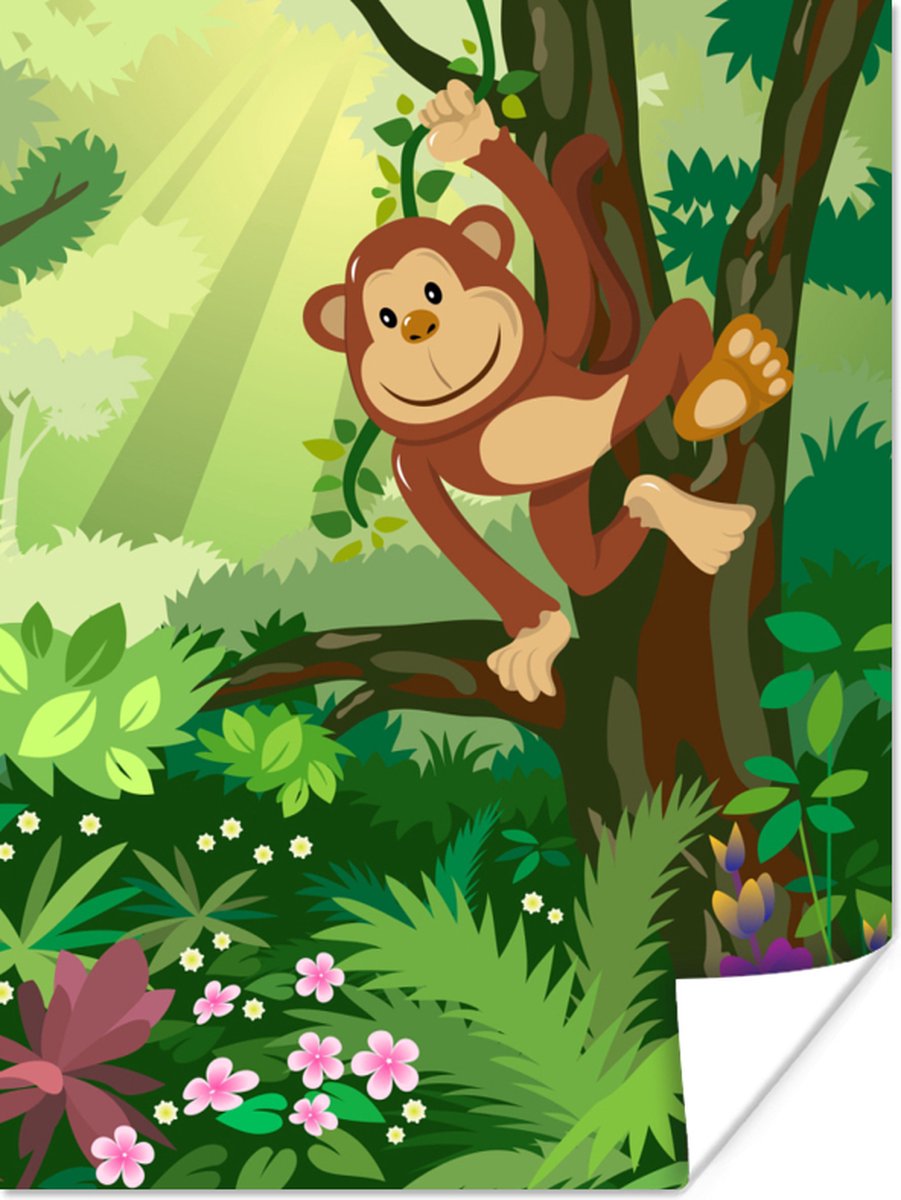Poster Aap - Jungle - Jongens - Meisjes - Bloemen - Kids - 30x40 cm - Poster Babykamer