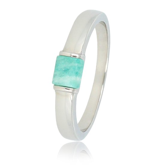 My Bendel - Zilverkleurige ring met Amazonite edelsteen - Bijzondere zilverkleurige ring met groenblauwe Amazonite edelsteen - Met luxe cadeauverpakking