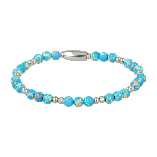 My Bendel - Bracelet perlé d'été en argent avec pierres précieuses de jaspe Imperial - Bracelet en acier inoxydable élastique argenté combiné avec une pierre précieuse de jaspe Imperial - Avec coffret cadeau de luxe