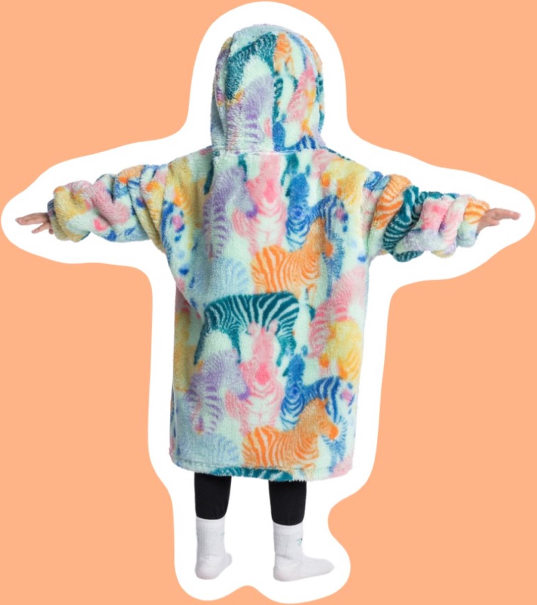 Zebra fleece hoodie deken met mouwen - fleece poncho voor kinderen – fleece plaid met mouwen - maat 98/128 – lengte 60 cm – warm & zacht – relax outfit kids – multicolor - Badrock — cadeau in Wonen & Interieur - foto 5