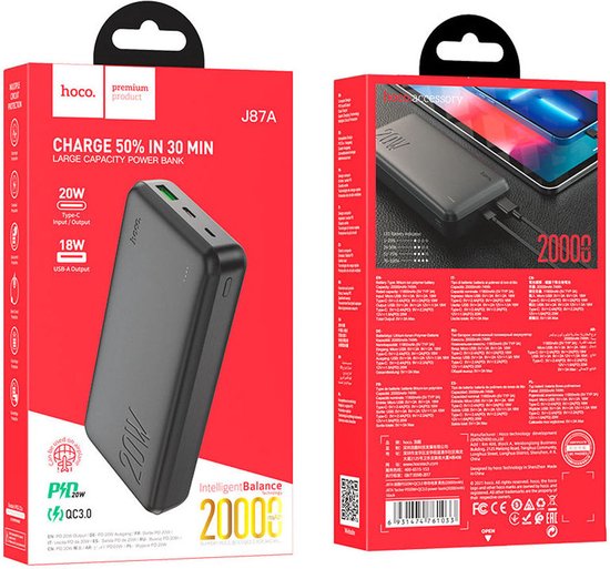 Hoco J87A 20W Powerbank 20.000mAh Power Delivery en Quick Charge Zwart ...