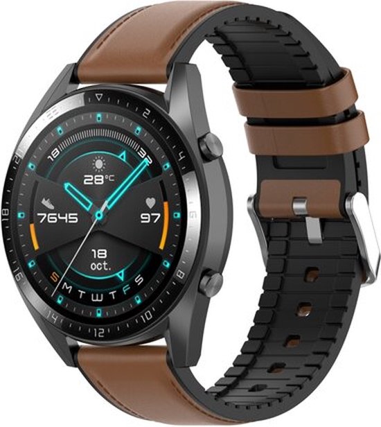 By Qubix - Geschikt voor Garmin bandje - Geschikt voor Garmin Forerunner 970 / 570 (47mm) / 255 - leer + siliconen bandje - Bruin - Smartwatch bandje 22mm