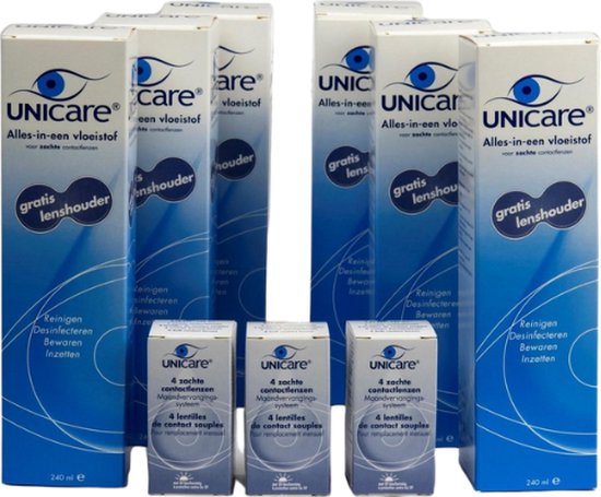 Unicare 6 maanden pakket -4,00 - 12 maandlenzen + 6 flessen lenzenvloeistof - voordeelverpakking