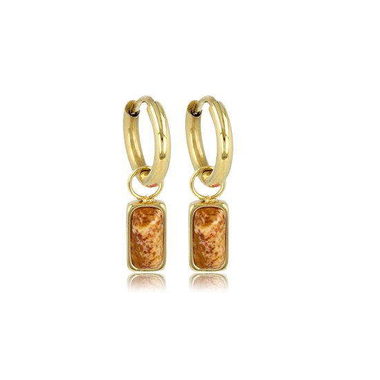 Minimalistische goudkleurige oorbellen met Picture Jasper edelsteen - 10mm - Classy combinatie van gladde ronde goudkleurige oorbel met Picture Jasper hanger - Met luxe cadeauverpakking