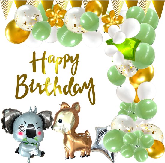 Ballonnen boog Bosdieren Olijfgroen ,groen, Goud - Ballonboog - Wit - Versiering Verjaardag - Ballonnen boog Verjaardag - Dieren Folie Ballonnen - Happy Birthday Slinger - 65 items - Fienosa