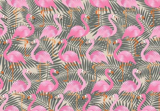 Papier peint photo Intissé - Papier Peint Intissé - Flamants Roses et Feuilles Botaniques - 368 x 254 cm