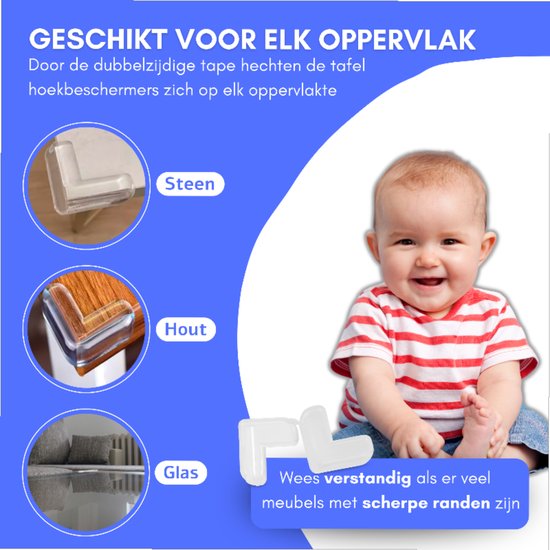 Vrolijke baby, met 3 cirkels die hoekbeschermers tonen op steen, hout en glas, en twee witte hoekbeschermers