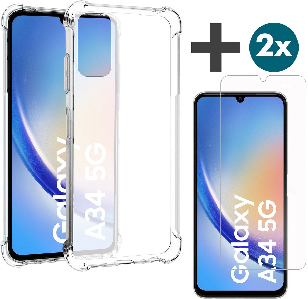 Arara Hoesje geschikt voor Samsung Galaxy A34 transparant siliconen hoesje - backcover met verstevigde hoeken - Inclusief 2 Stuks Screenprotector - tempered glass