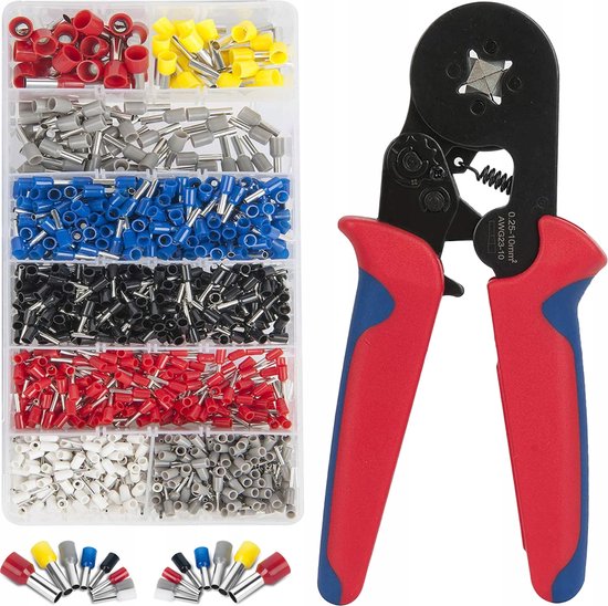 Krimptang met rode en blauwe handvatten, naast een assortimentdoos met 1200 aderhulzen in diverse kleuren.
