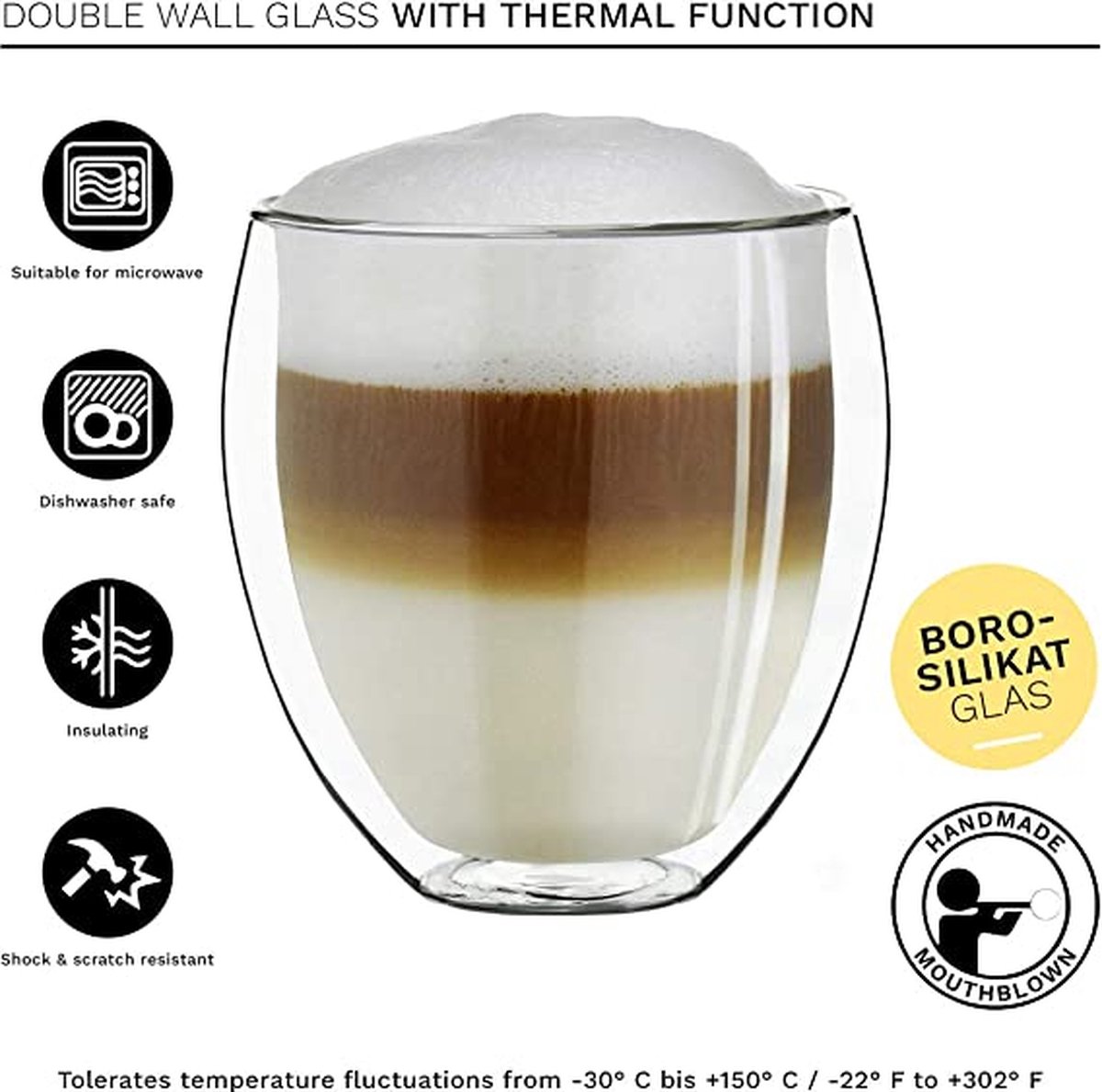 4x Verre Double Paroi 400-500ml Café Thé Boire Borosilicate Thermo Latte  Macchiato
