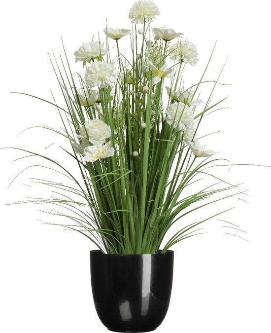 Kunstbloemen boeket wit - in pot zwart - keramiek - H70 cm