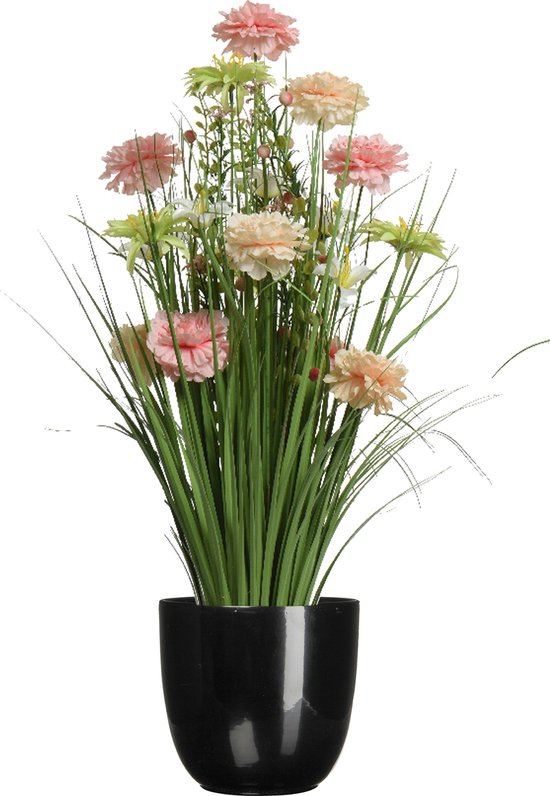 Kunstbloemen boeket roze - in pot zwart - keramiek - H70 cm