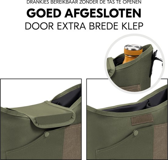 Collage van details van de olijfgroene kinderwagentas: de brede klep gesloten, open en een flesje in het netvak. Tekst: 'DRANKJES BEREIKBAAR ZONDER DE TAS TE OPENEN DOOR EXTRA BREDE KLEP'.