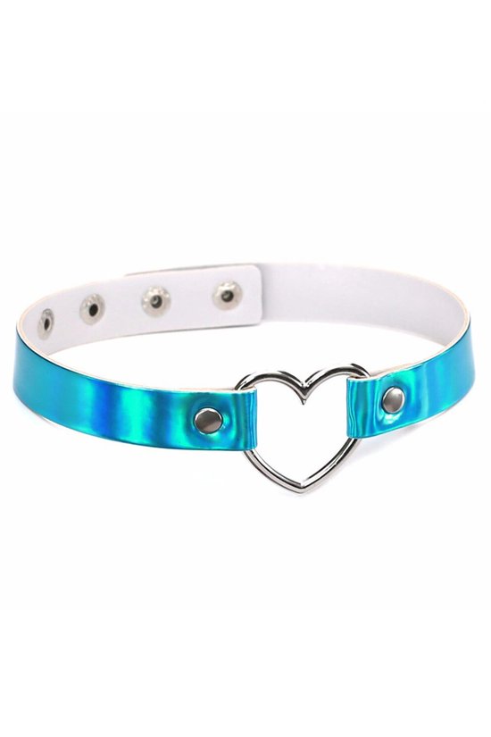 KIMU Choker Iridescent Blauw Hartje - Holografisch Collar Ketting Sexy Festival